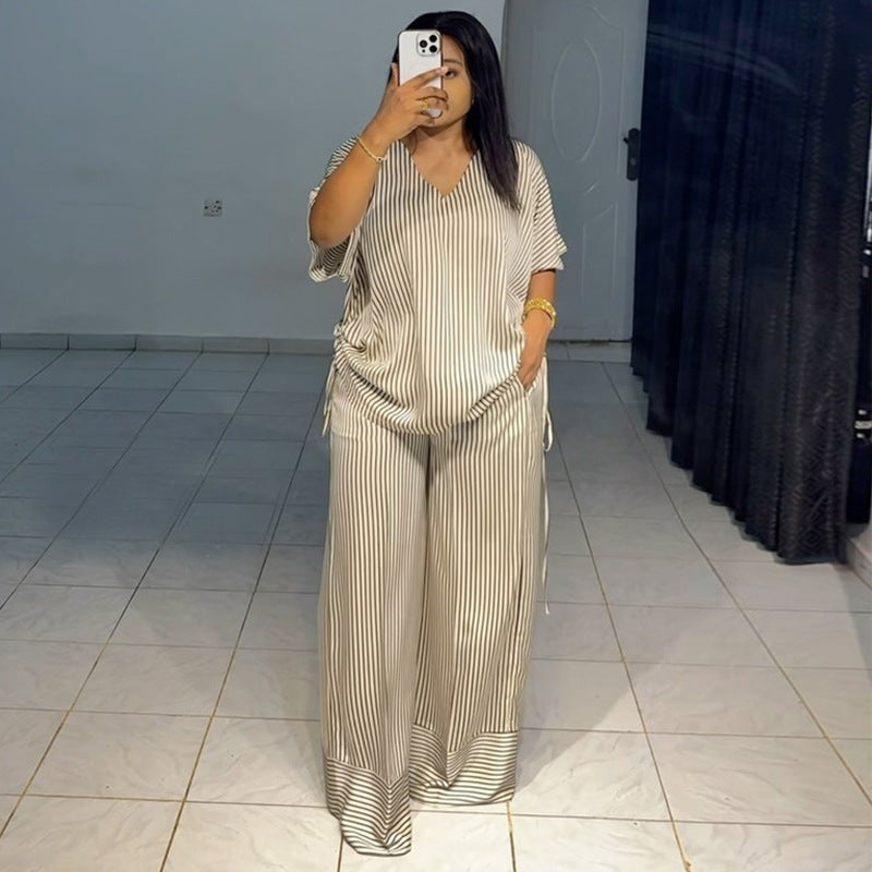 Women summer casual loose v-neck striped short-sleeved top and wide-leg pants two-piece set 5