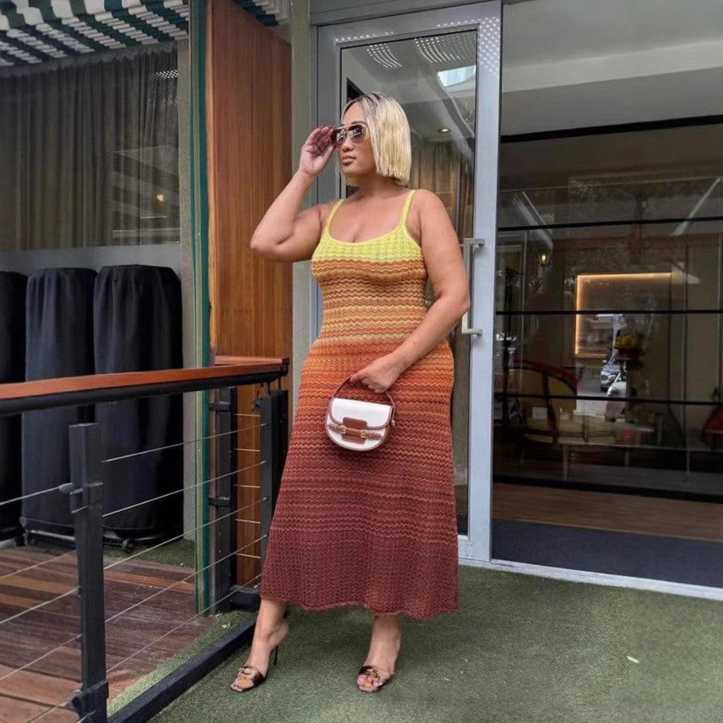 Gradient Striped Knit Sleeveless Strappy Slim Waist Slim Fit Dress 7