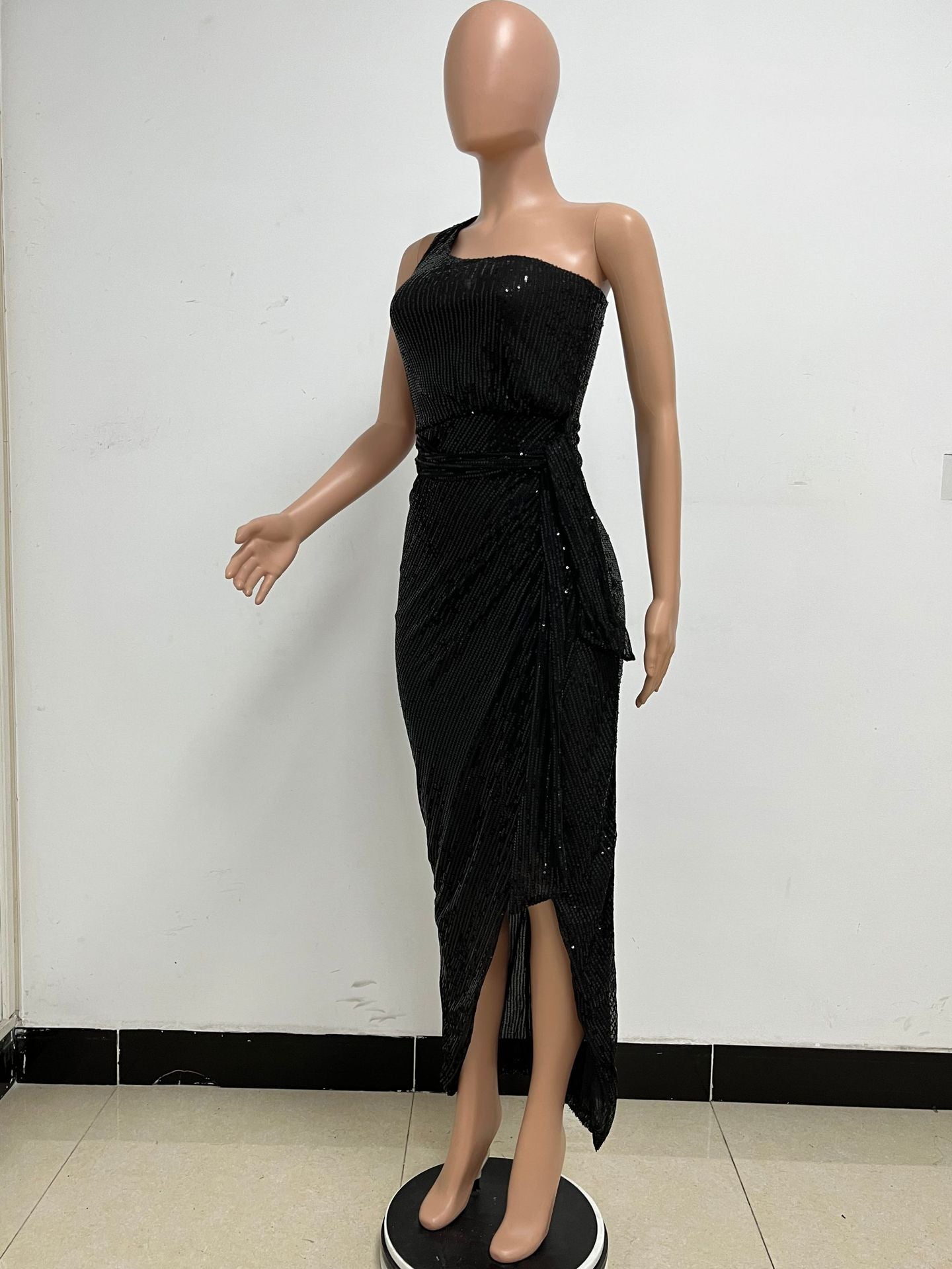 Women's One-Shoulder Lace-Up Sequined Evening Dress 71