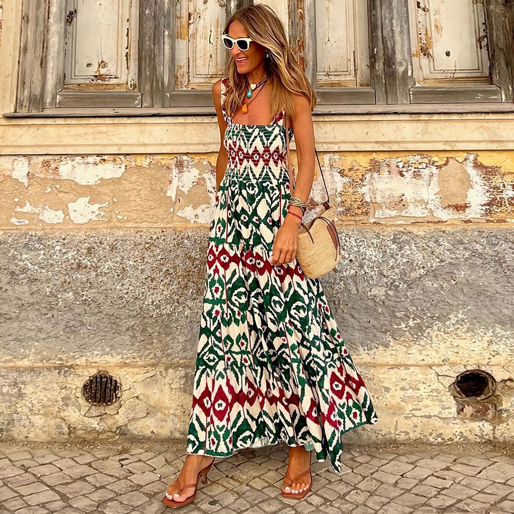 Summer Women's Printed Elastic Holidays Style Floral Strap Long Dress 10