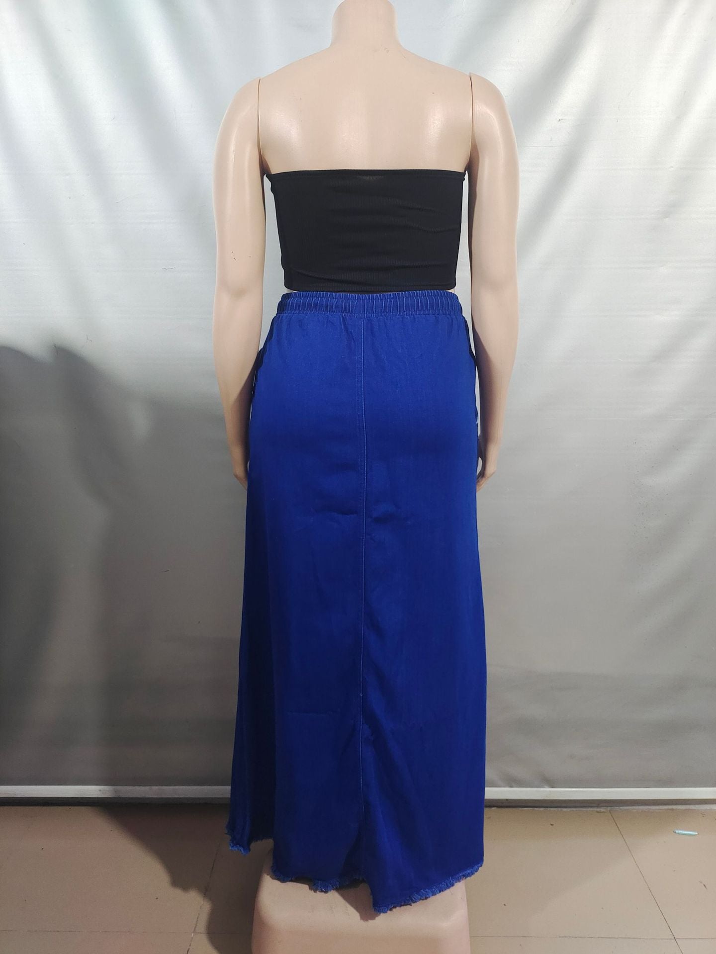 Women's Fashion Washed Solid Color Drawstring High Waist Ruffle Long Denim Skirt 7