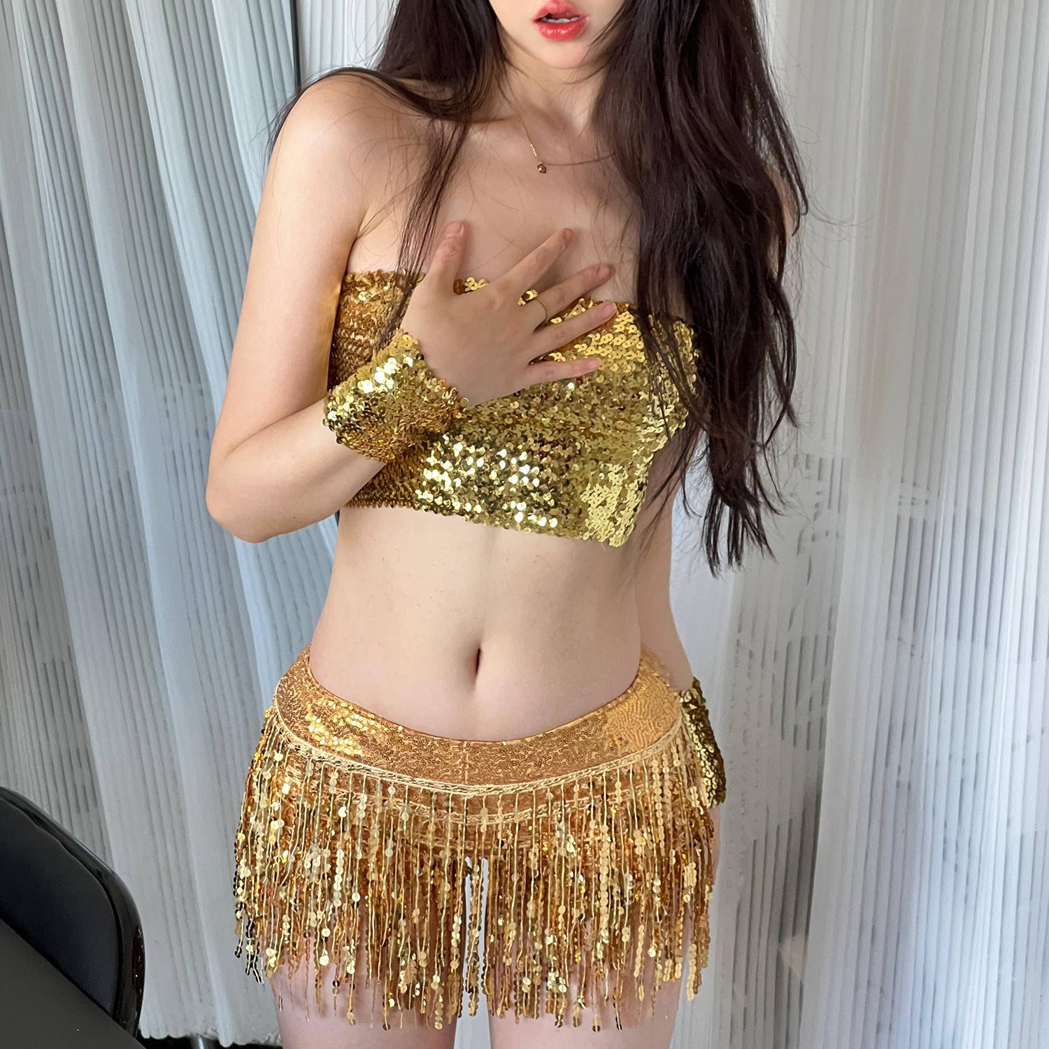 Women sequined top and tassel sequined skirt two-piece set 44