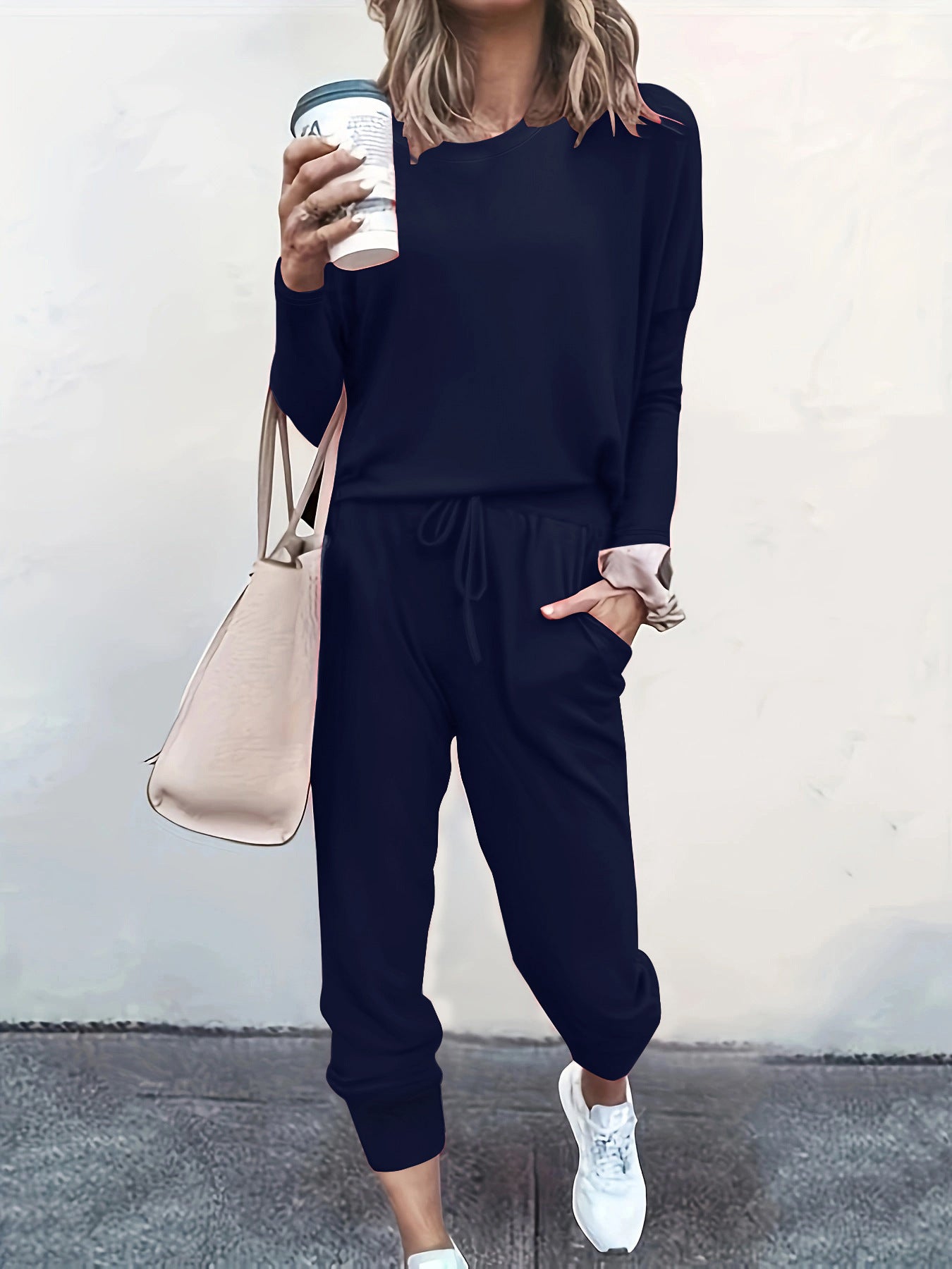 Autumn and Winter Women's Clothing Round Neck Loose Solid Color Long Casual Two-piece Pants Set 8