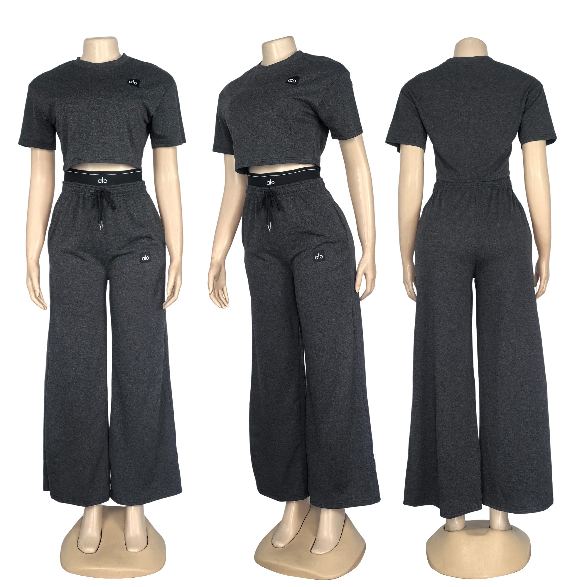 Fashion Casual Set Embroidered Letter Double Waistband High Waist Wide Leg Pants Set 6