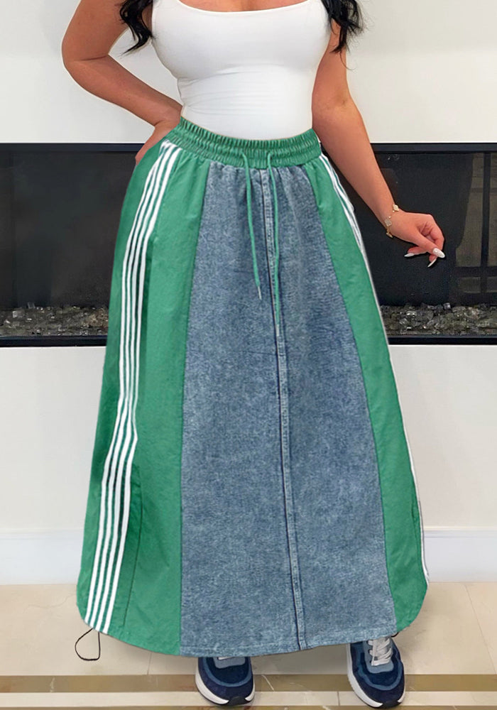 Autumn Women's Fashion Casual Striped Denim Patchwork A-Line Loose Skirt 6