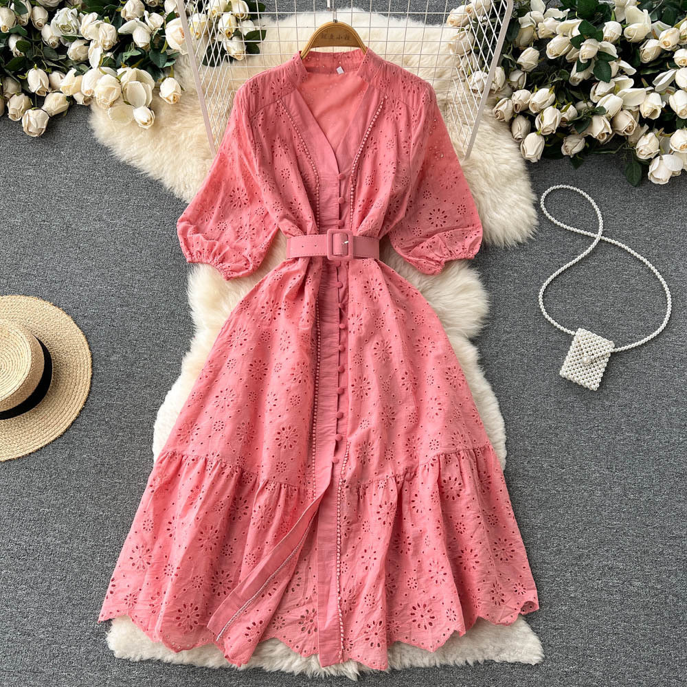 V-Neck Hollow-Out Dress Puff Sleeve Loose Embroidery Slim Waist Slim Fit  V-Neck Hollow-Out Dress 7