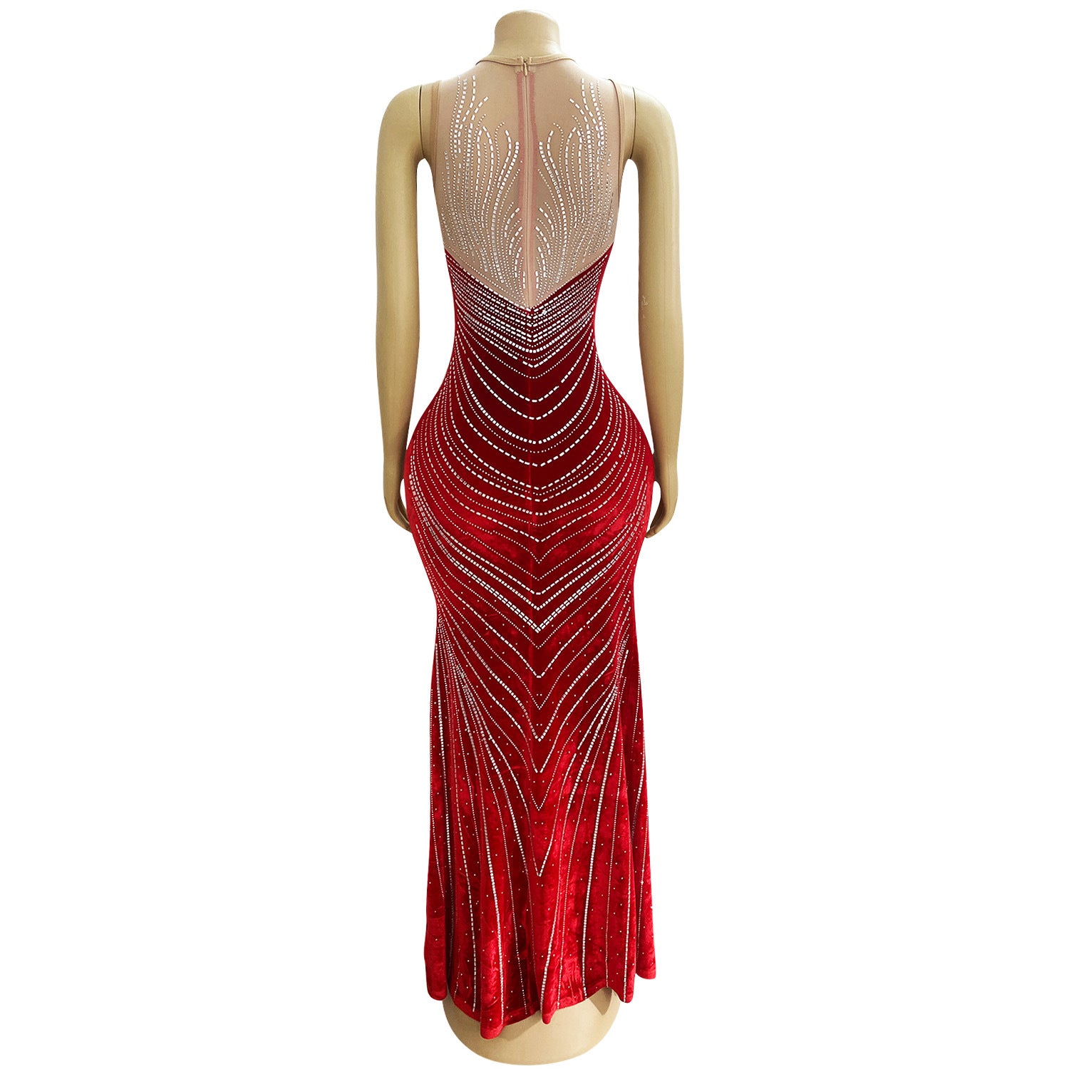 Spring Velvet Patchwork Mesh Beaded Sleeveless Nightclub Long Dress 21