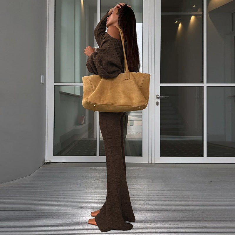Fashion Women's Autumn Slash Shoulder Long-Sleeved Top High Waist Flared Pants Fashion Casual Set