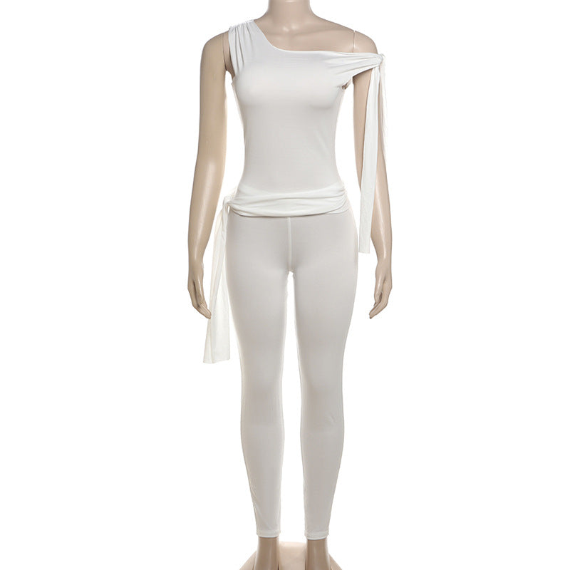 Summer Women's Lace-Up One-Shoulder T-Shirt High Waist Slim Casual Pants Two Piece Set For Women 8