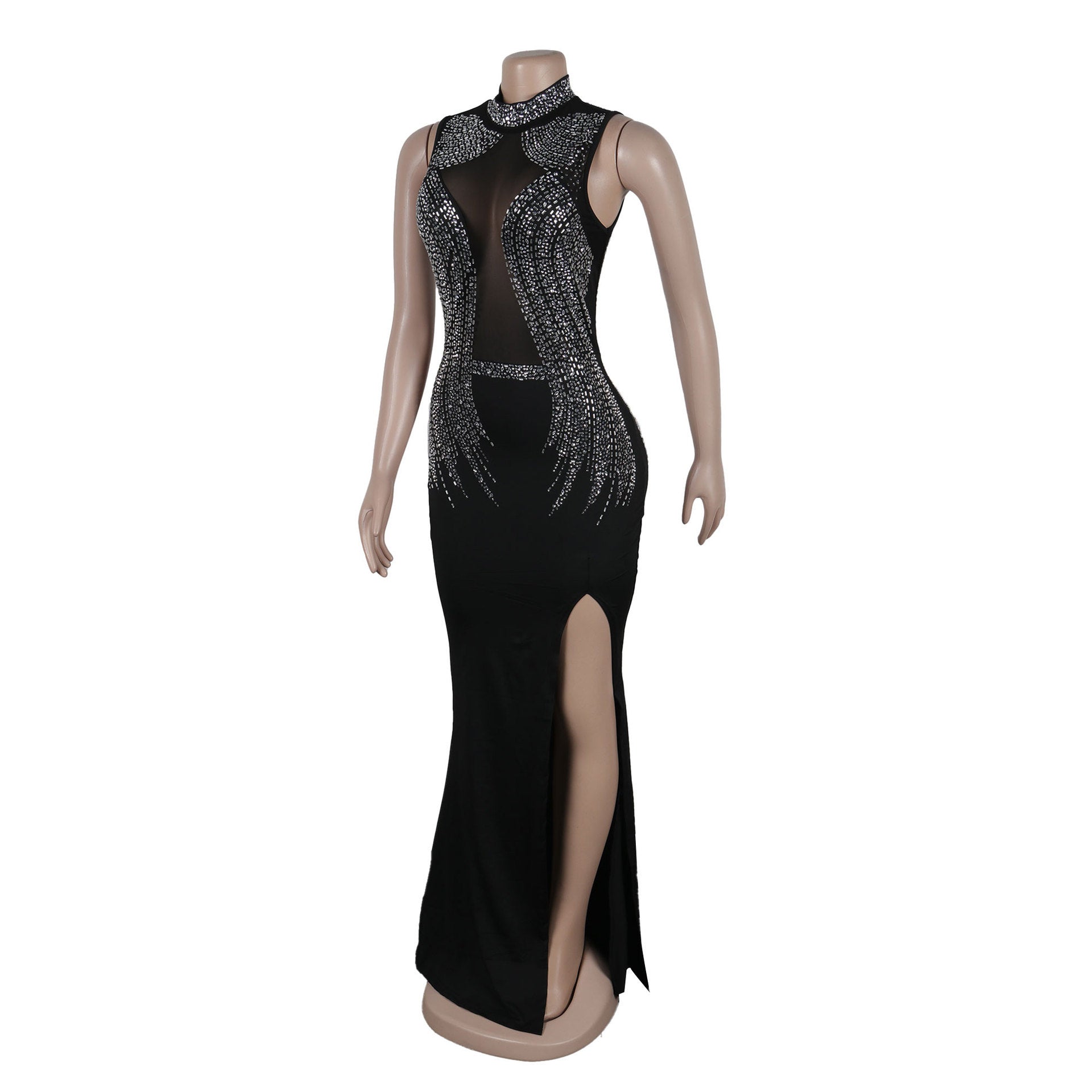 Women's Fashion Solid Color Beaded Mesh Hollow Slit Dress 8
