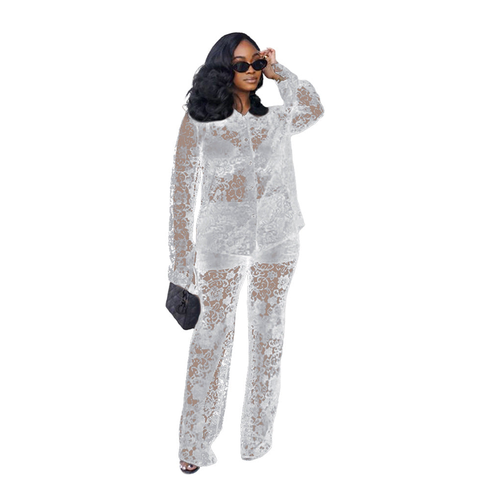 Summer Women Sexy Lace Pattern Turndown Collar See-Through Top and Pant Two-piece Set 6