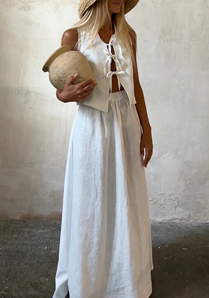 Women lace-up sleeveless vest and long skirt two-piece set