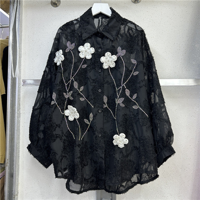 Women Turndown Collar long-sleeved flower diamond shirt