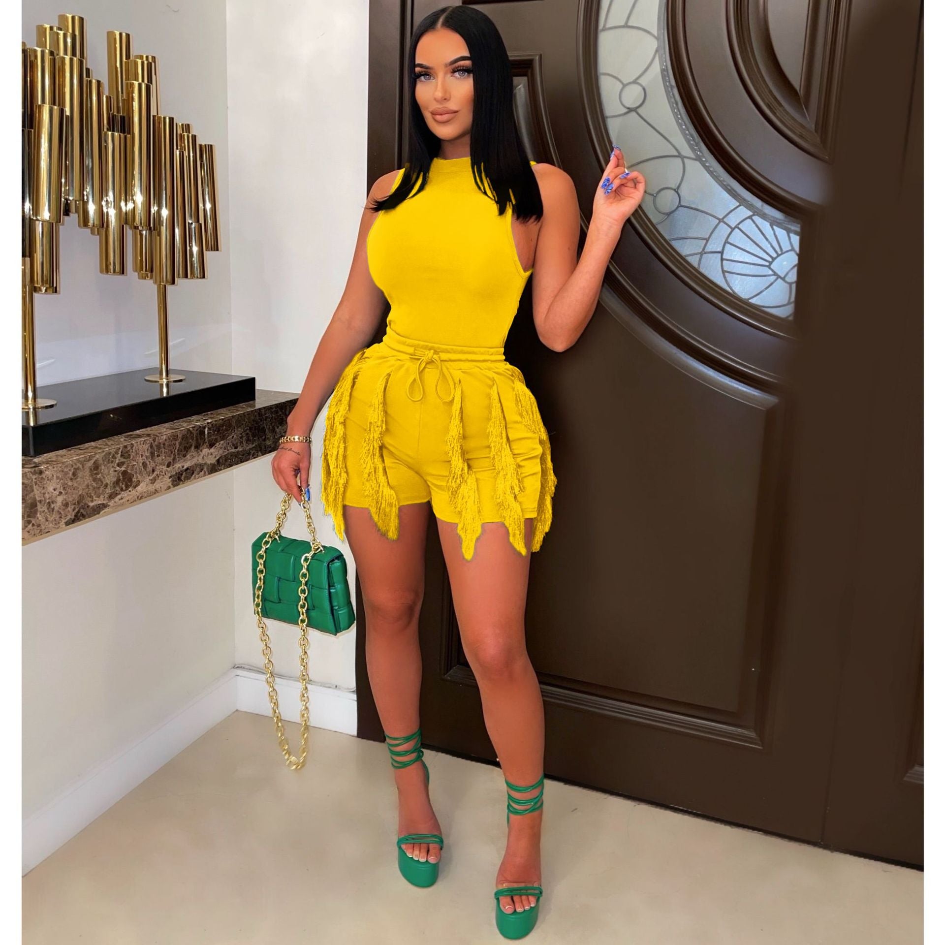 Women'S Solid Fringed Lace Sleeveless Bodysuit Shorts Two-Piece Set 7