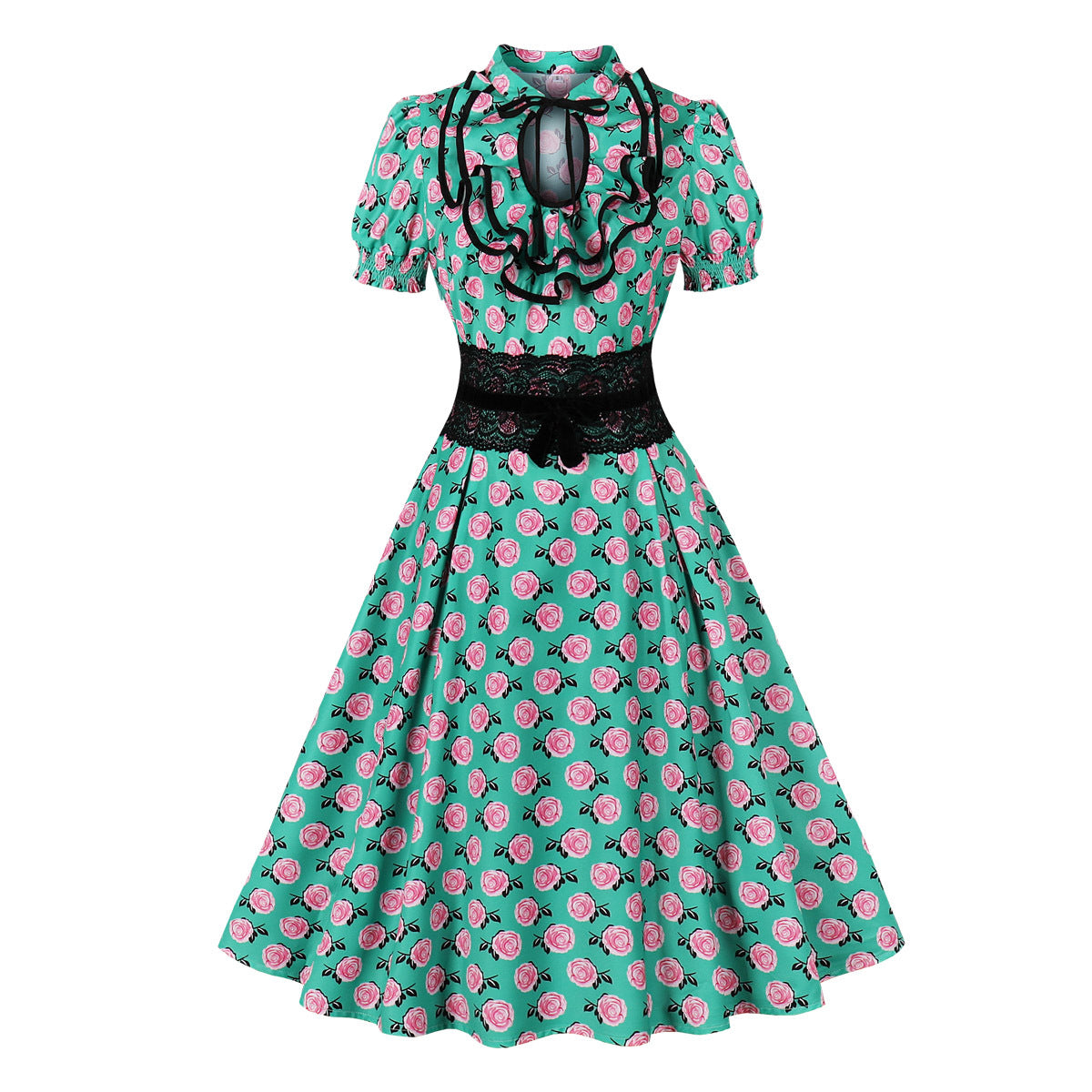 Lace Slim Waist Short Sleeve Rose Print High Waist Chic Retro Swing Dress For Women 7