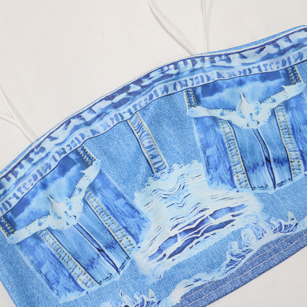 Sexy Fashion Print Strap Top Slim Flared Trousers Two-Piece Set 13