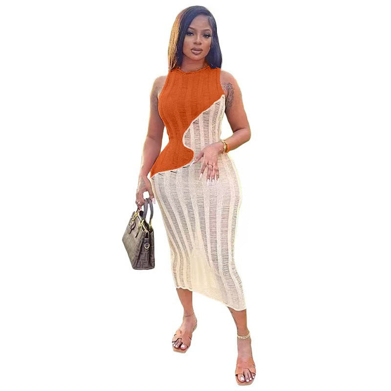 Women Sexy Sleeveless Knitting Color Block Dress 12