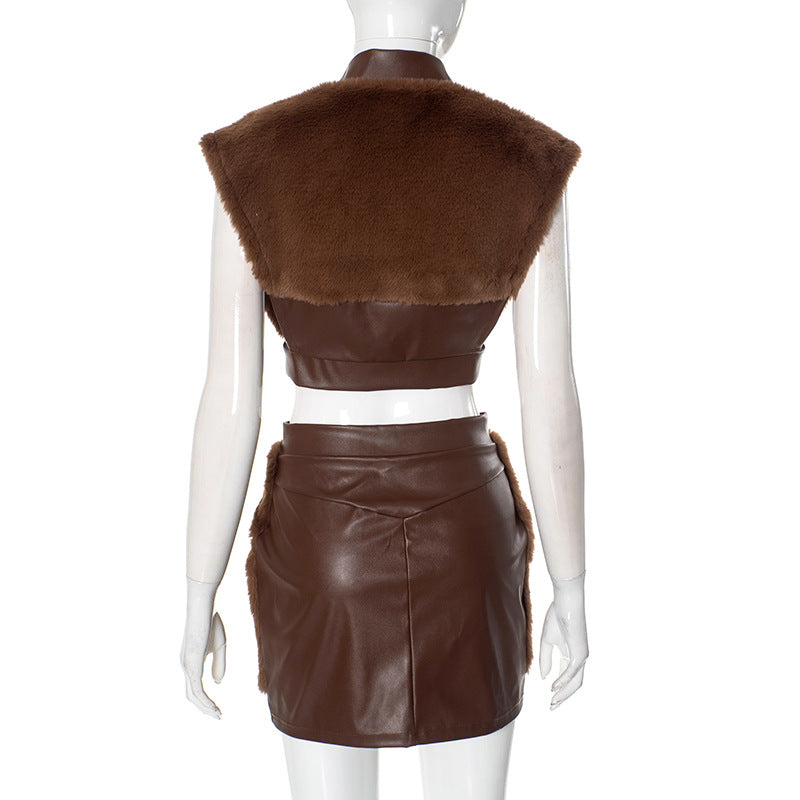 Women Patchwork Pu-Leather Sexy Top and Skirt Two Piece Set 10