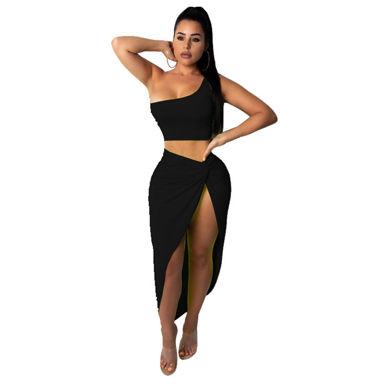 Plus Size Women Crinkled Solid Crop Top And Skirt Two Piece 4