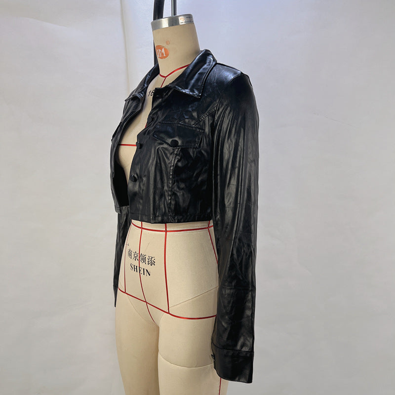 Women Sexy Crop PU-Leather Jacket 12