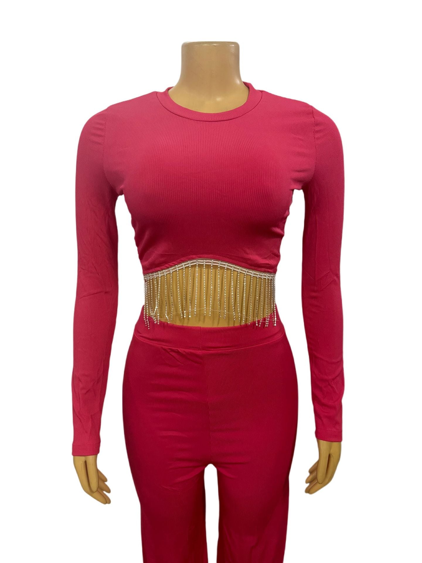 Women Patchwork Chain Round Neck Long Sleeve Top and Pants Two Piece 7