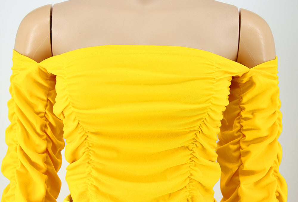 Women Long Sleeve Solid Pleated Off Shoulder Sexy Top and Pant Two-piece Set 19