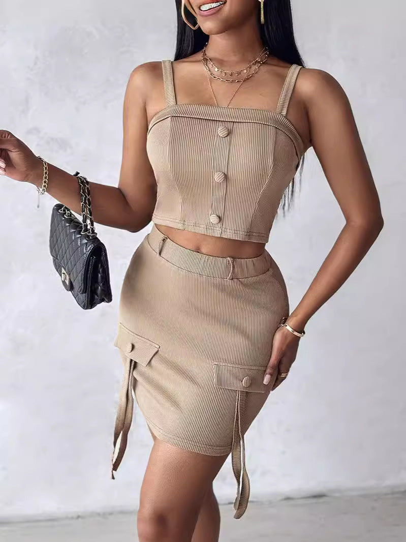 Women's Summer Autumn Button Square Neck Camisole Top Tight Slim Short Skirt Two Piece Set 4