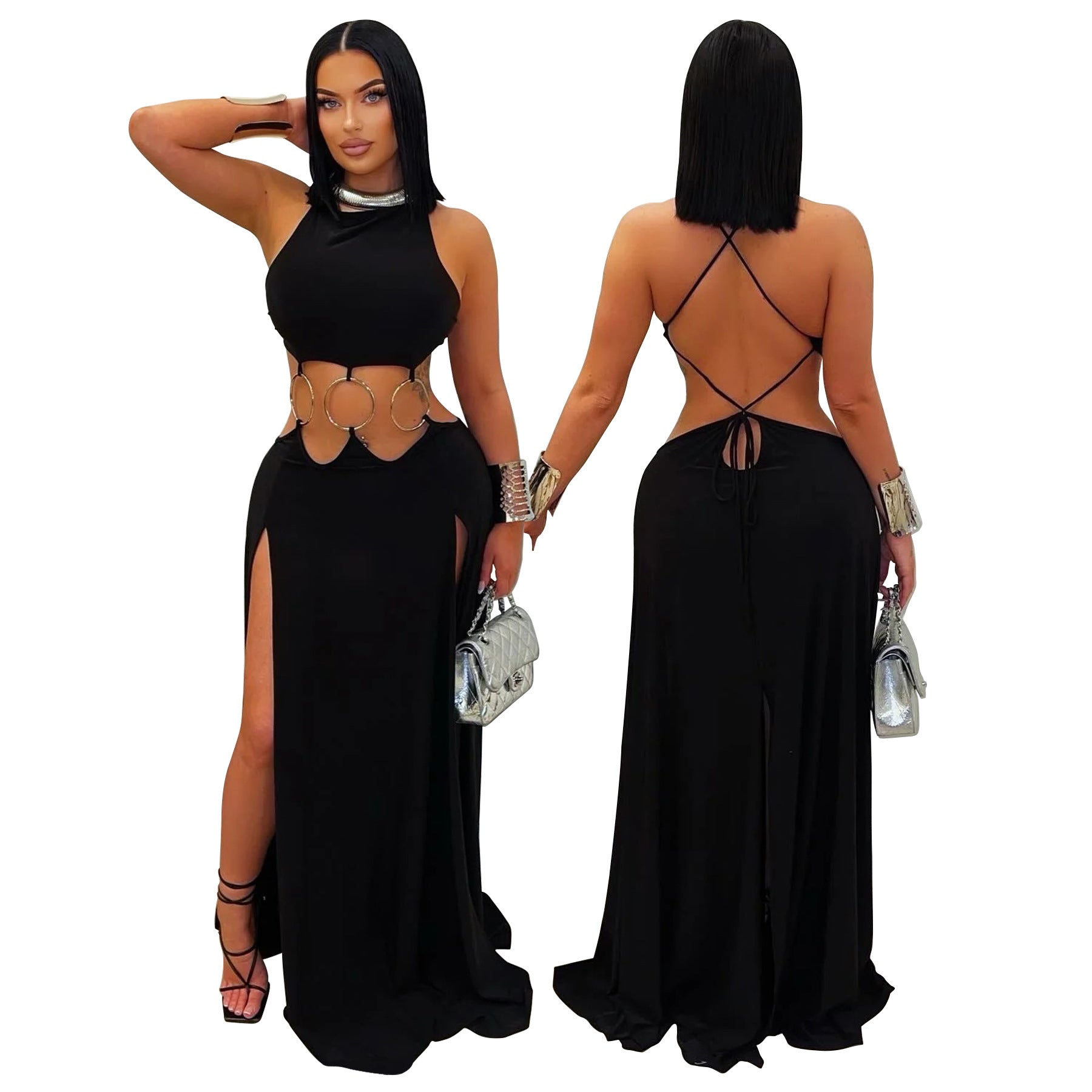 Women's Solid Color Sexy Low-Back High-Slit Contrast Dress 3