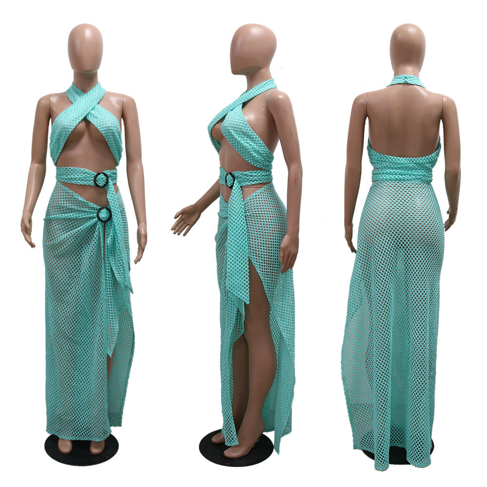 Sexy Halter Neck Mesh Slim High Slit Fashion Solid Color Long Dress 19