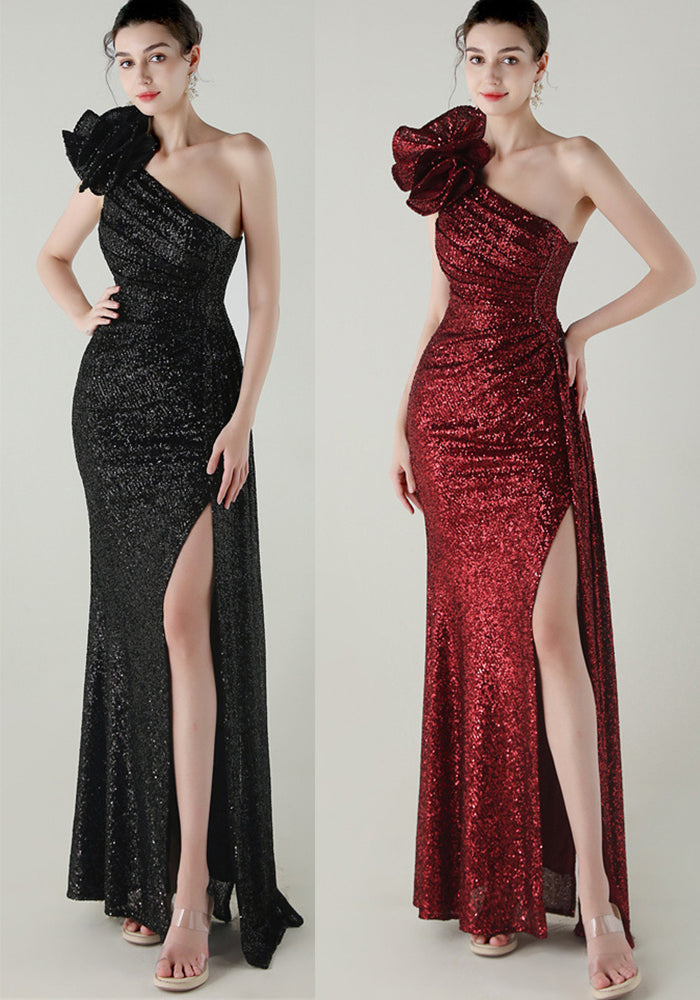 Women one-shoulder sequined flower beaded fishtail evening dress