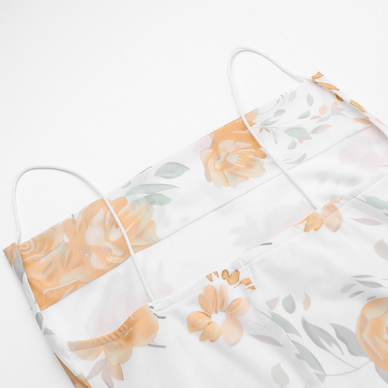 Spring Summer Mesh Printed Strap Slim Dress 17