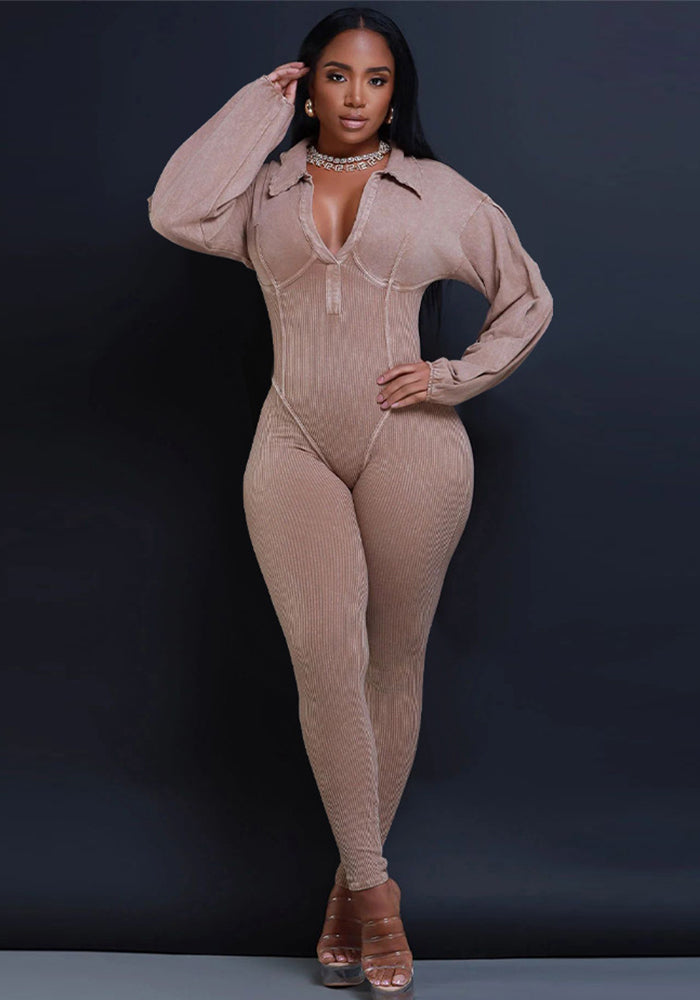 Autumn And Winter Women's V-Neck Long Sleeves Tight Fitting Patchwork Jumpsuit 6