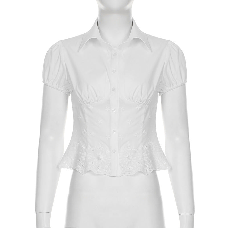 Women's Solid Color Lace Patchwork Puff Sleeve Slim Waist Single-breasted Shirt Short Top 11