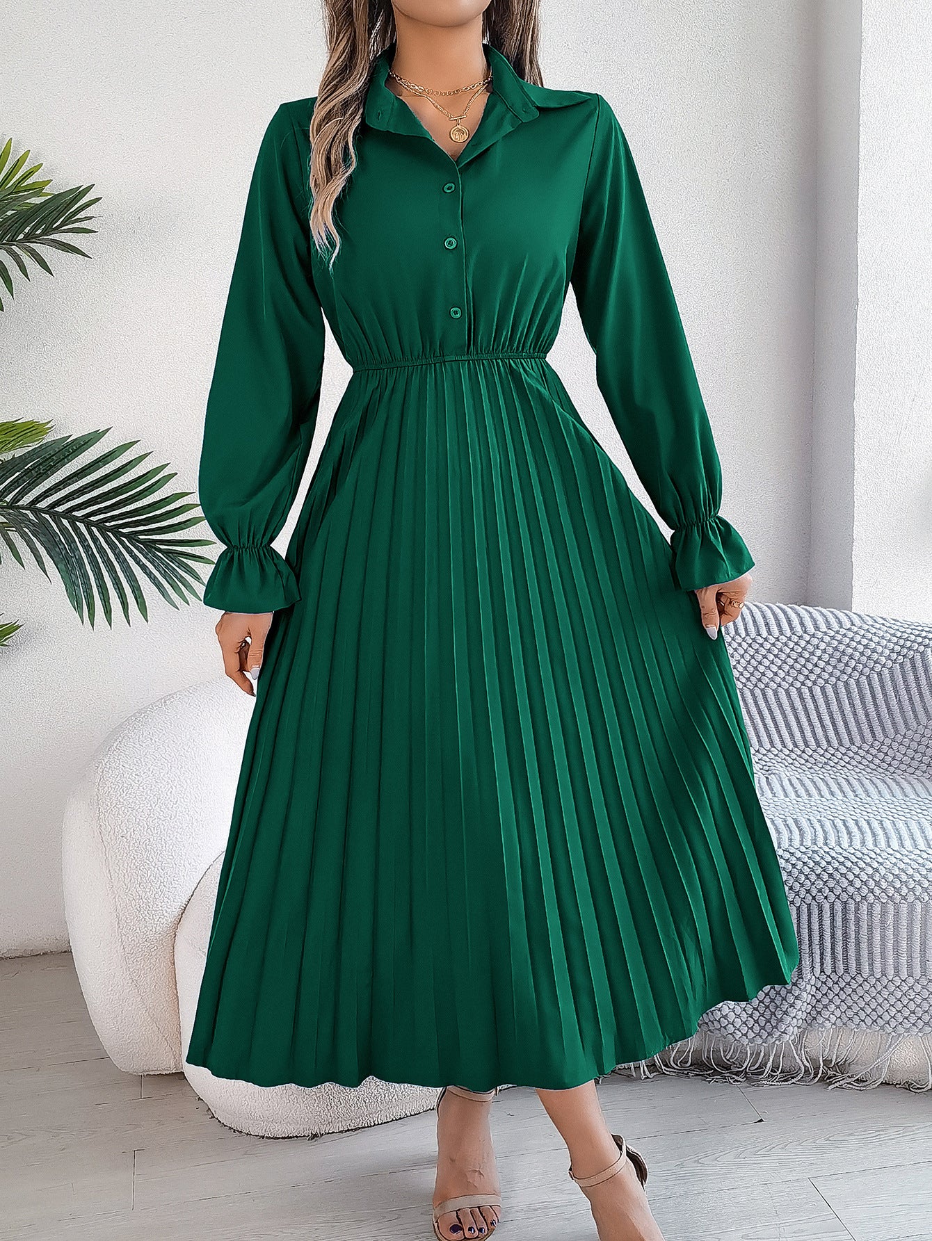 Autumn Winter Casual Turndown Collar Button Long Sleeve Slim Waist Pleated Women's Long Dress 4