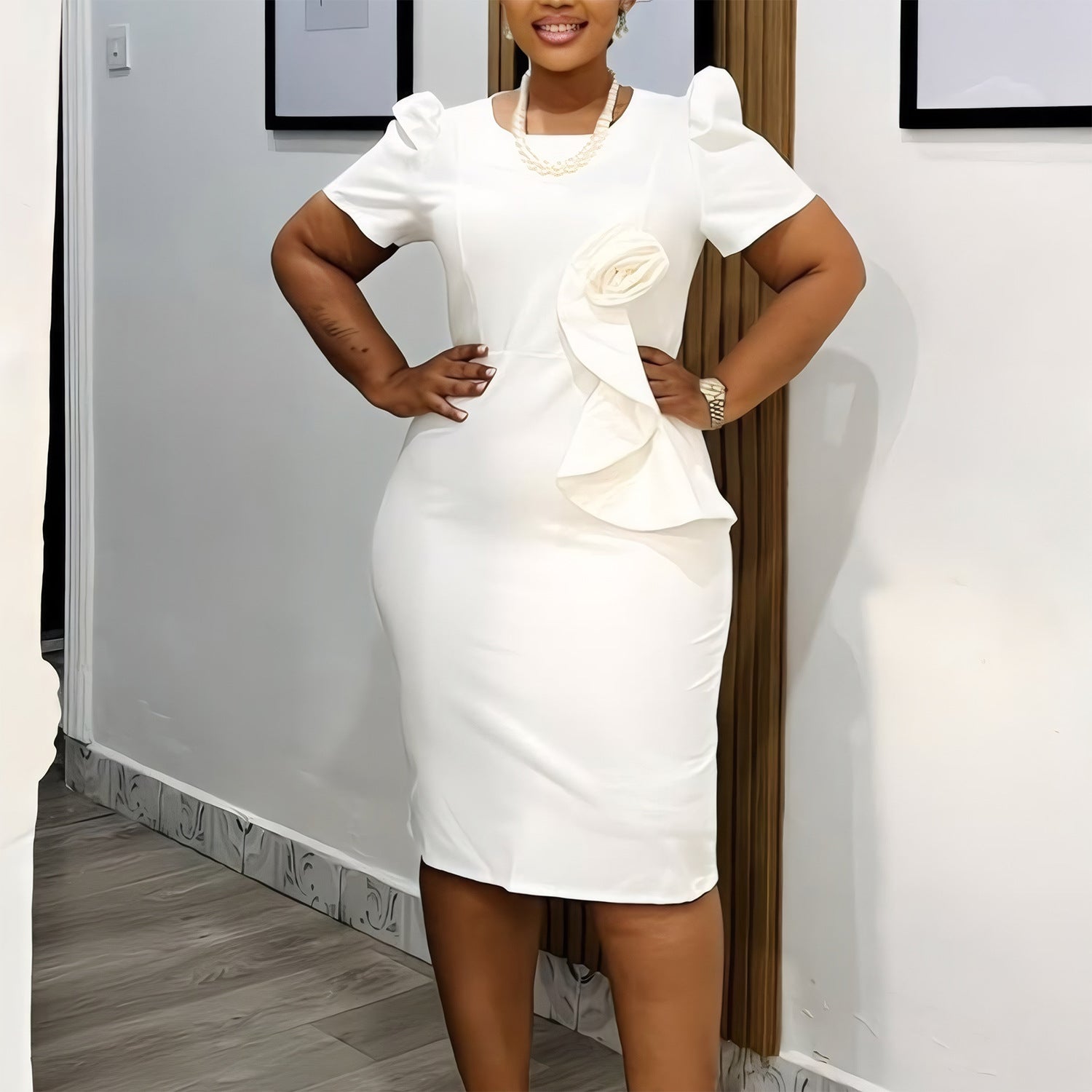 Women's fashion elegant bodycon ruffle solid color short sleeve African dress 5