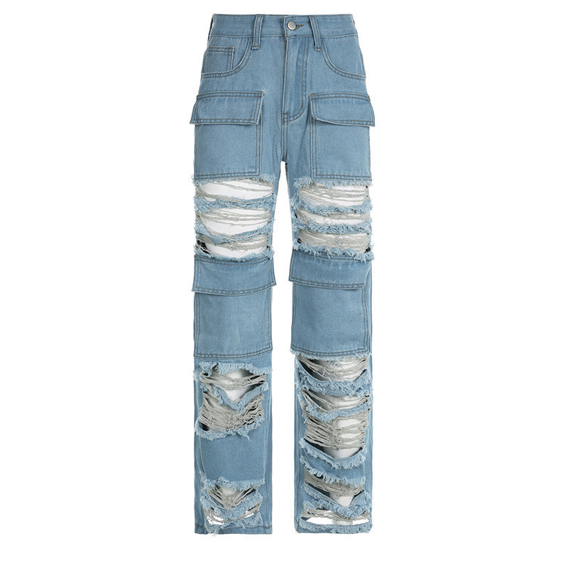 Street Ripped Pocket Patchwork Denim Straight-Leg Pants 11