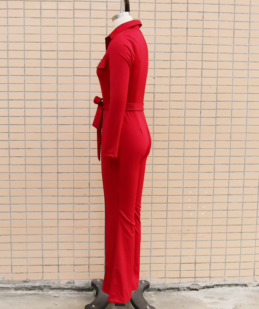 Women Turndown Collar Long Sleeve Bell-Bottom Jumpsuit 28