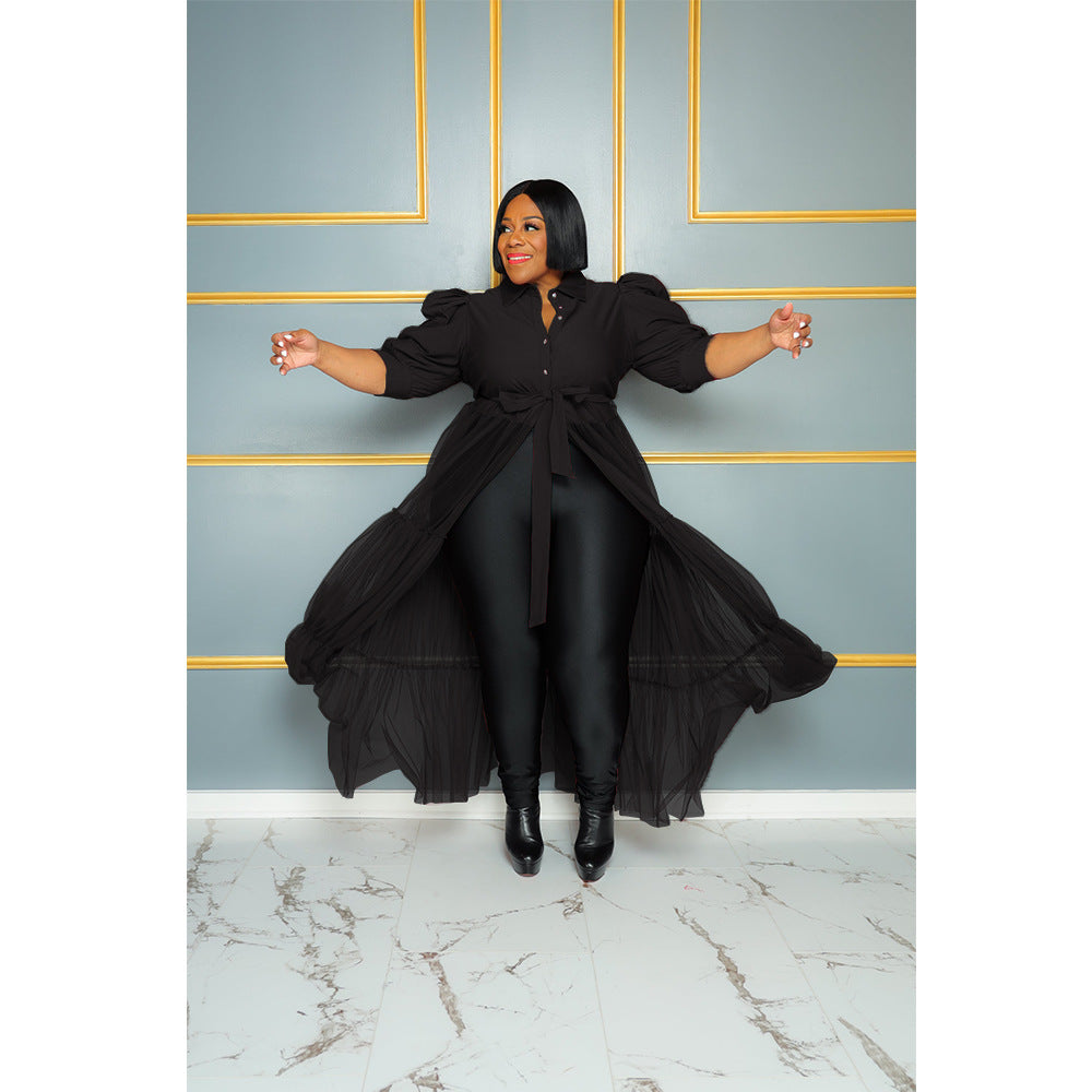 See-Through Mesh Cake Dress Plus Size Belted Breathable Short Sleeve Dress 6