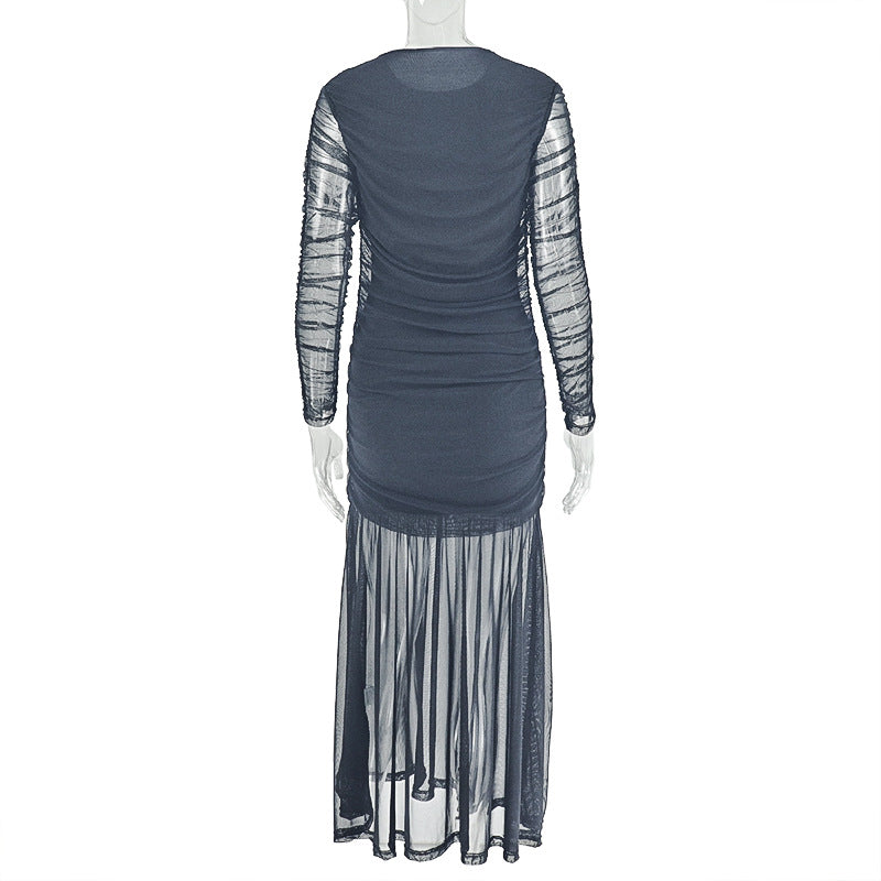 Women's Chic Slim Waist Solid High Neck Long-Sleeve Ruched Long Dress 9