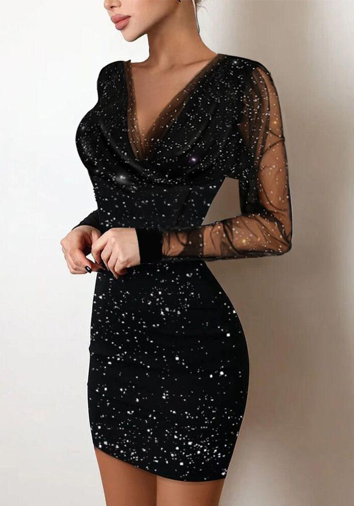 Women long-sleeved sequined V Neck Bodycon Dress