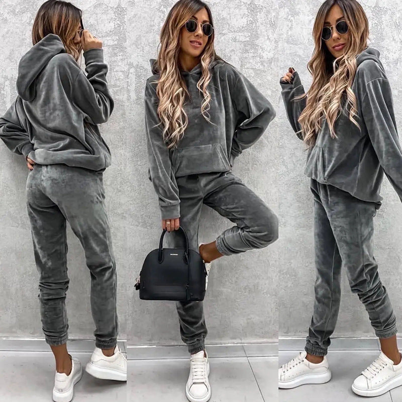Women Casual Solid Hoodies Sports trousers two-piece set 3
