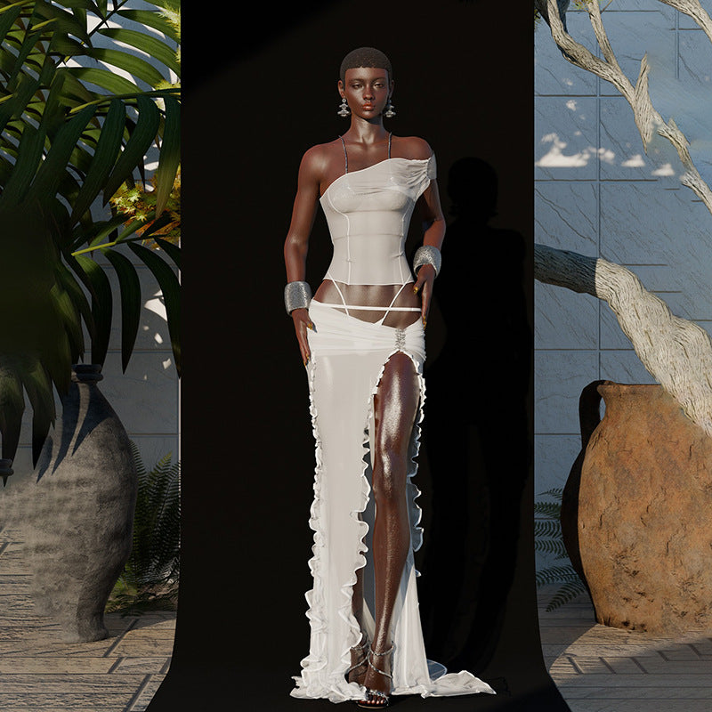 Women summer sexy one-shoulder mesh see-through top and skirt two-piece set