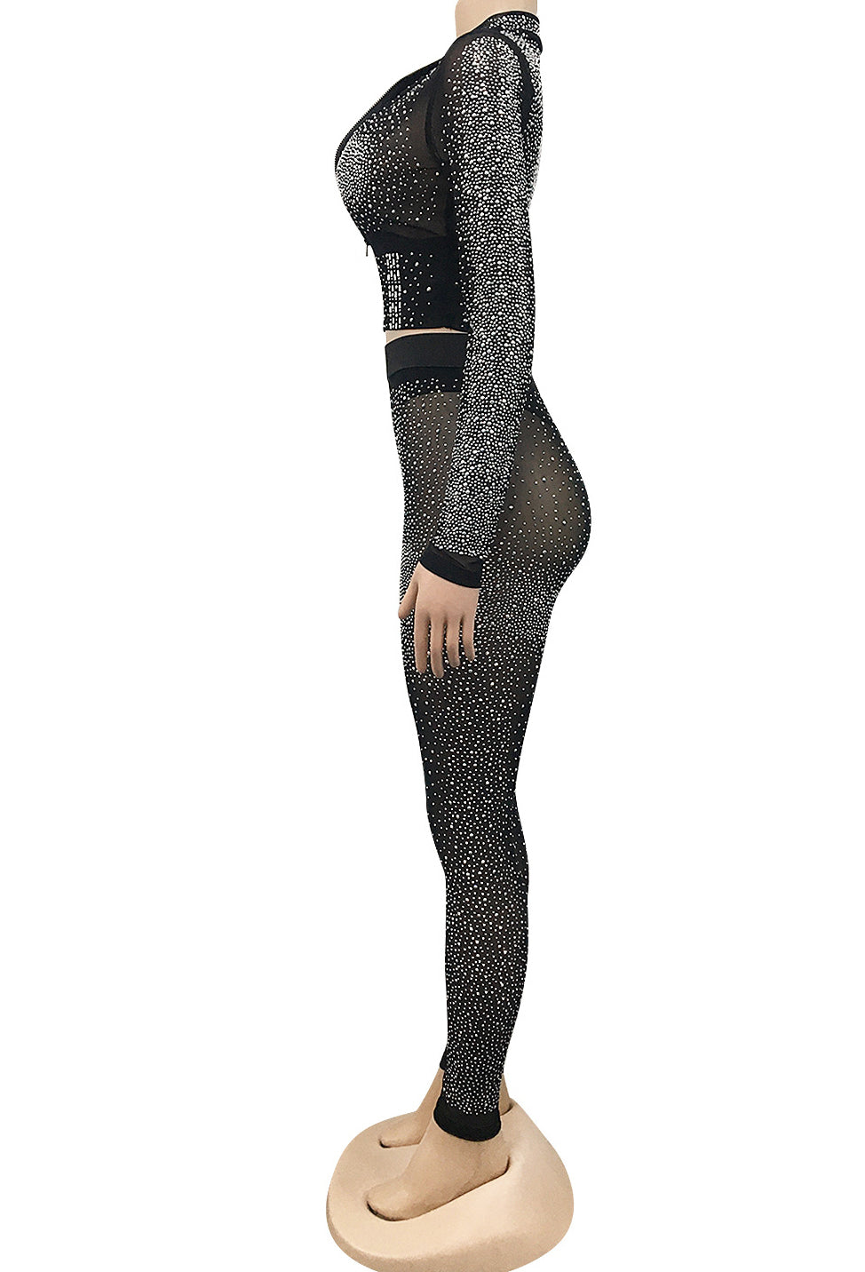 Summer Sexy Black Beaded Long Sleeve Crop Top and Pants Matching Set 6