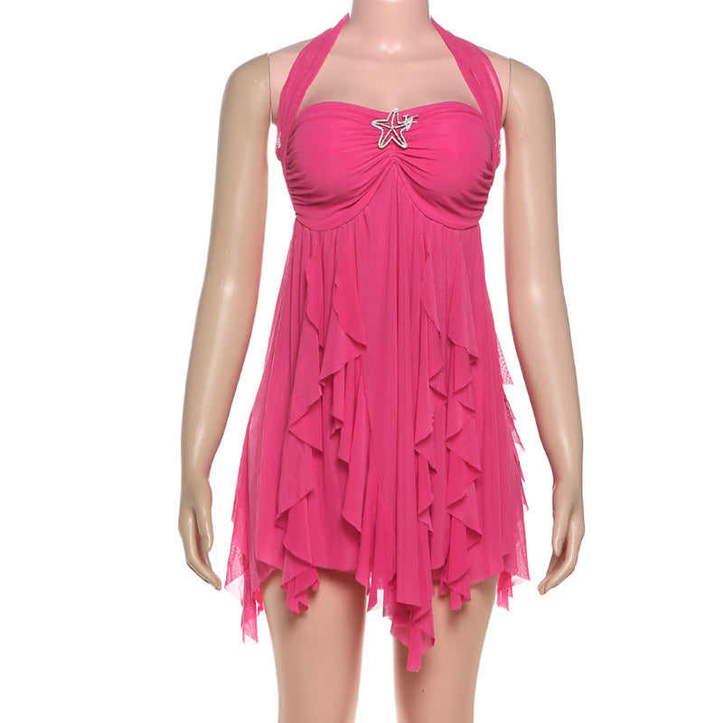 Summer Women's Sexy Halter Neck Low Back Asymmetrical Short Dress 37