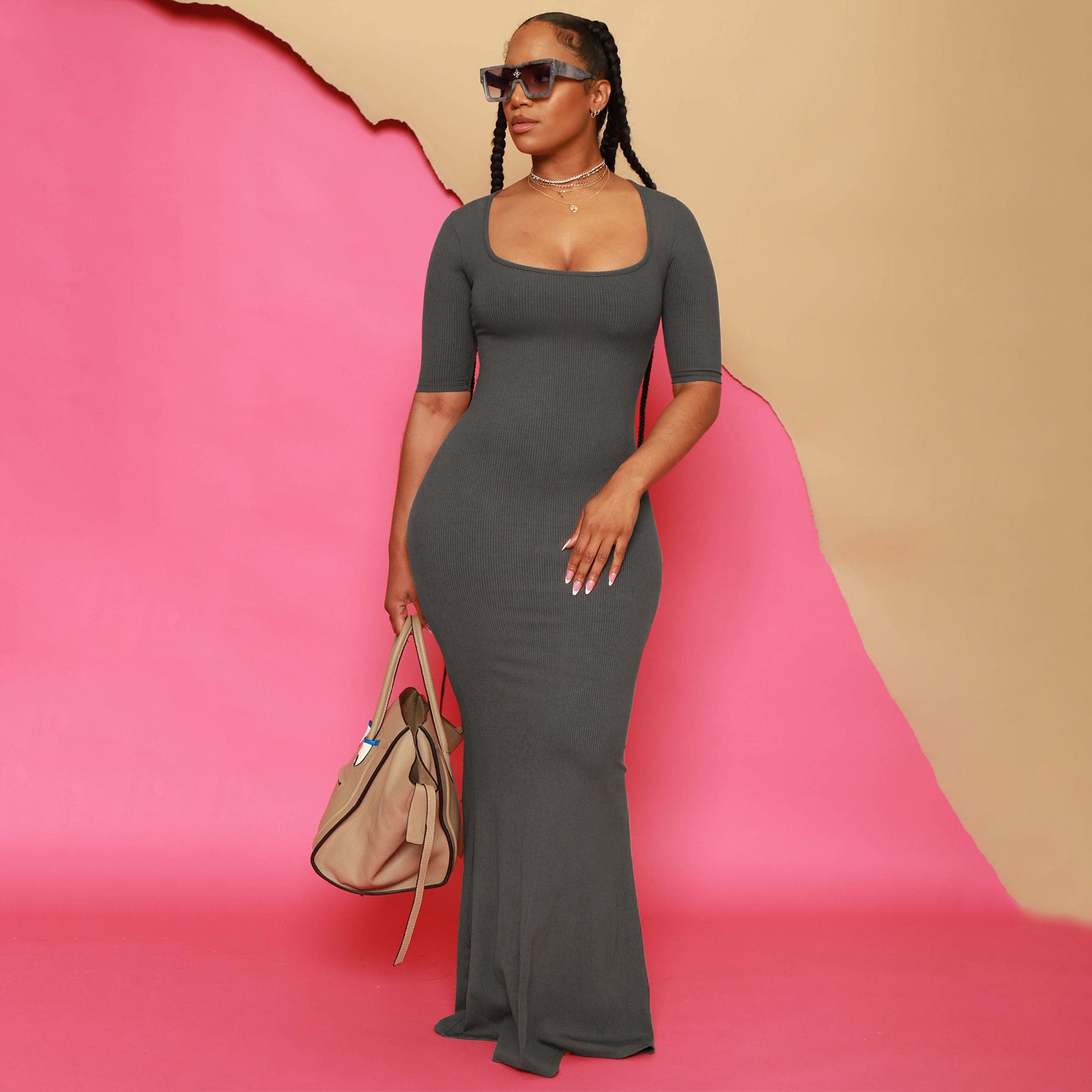 Women U-neck Short Sleeve Solid Ribbed Maxi Dress 6