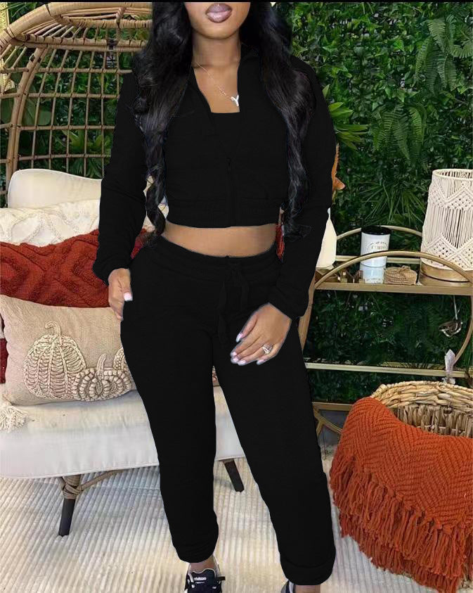 Women zipper Crop Top and Pant two-piece set 13