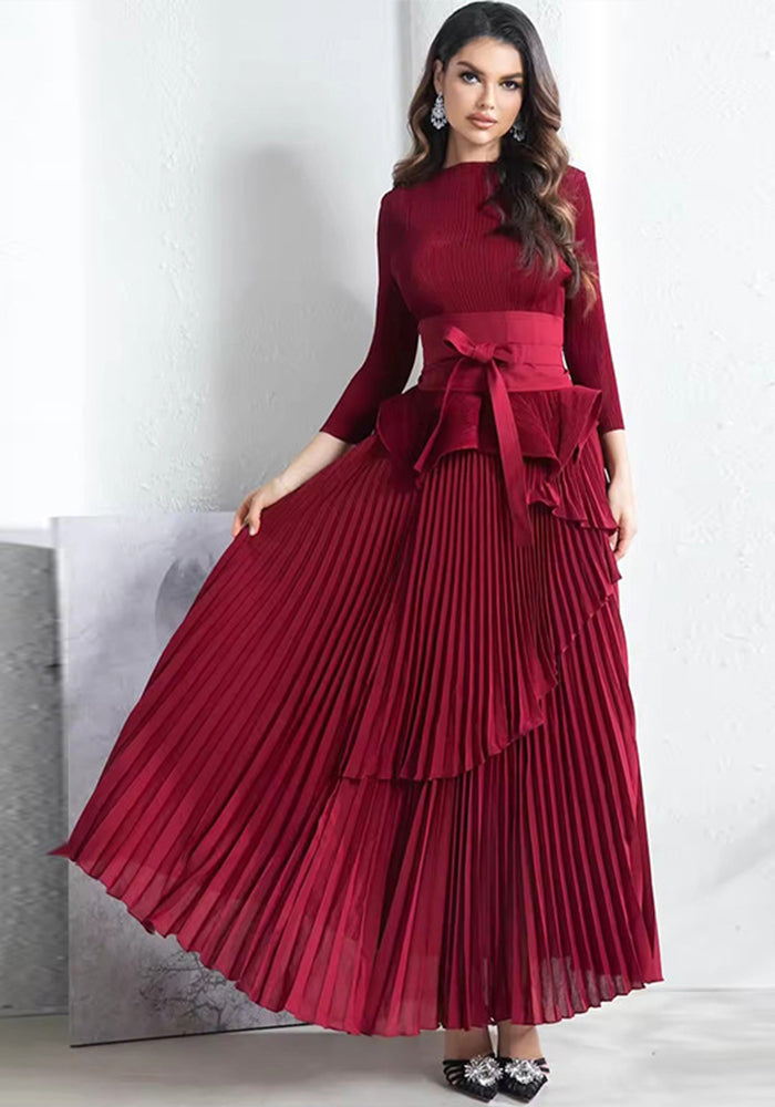 Women Solid irregular lace pleated Top and Skirt two-piece set