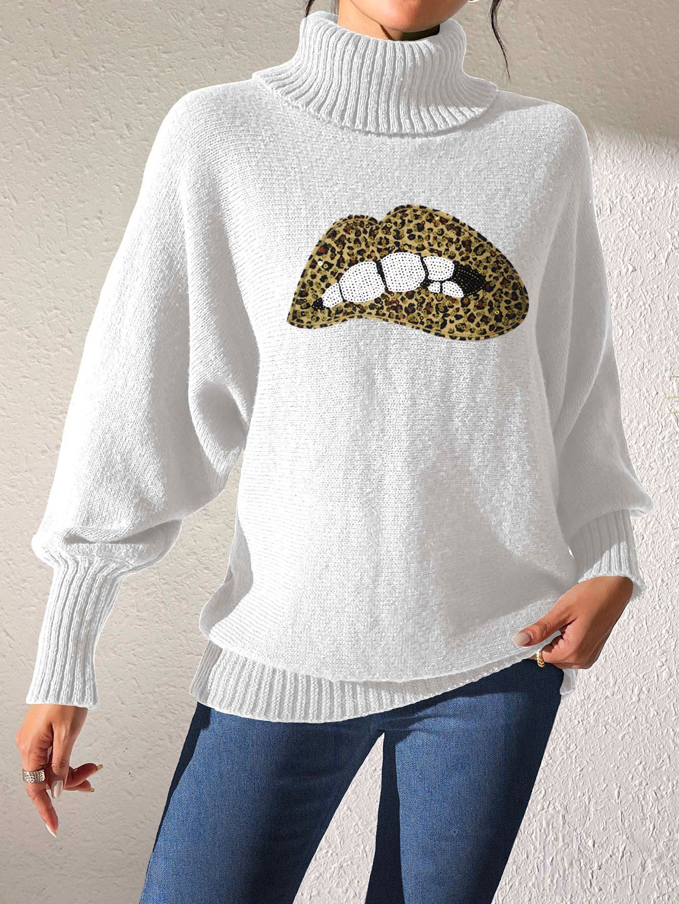 Autumn Winter Women's Sequin Lips Embroidery Turtleneck Pullover Sweater 19