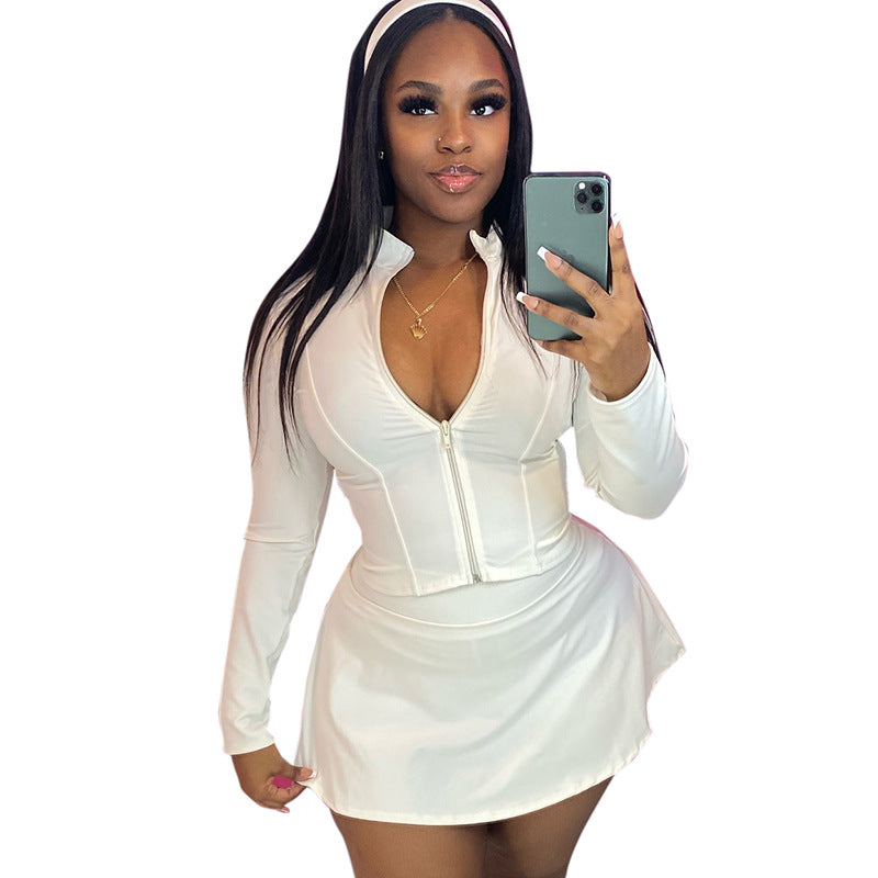 Women's Stand Collar Long Sleeve Slim-Fit Zip-Up Cropped Top & Short Skirt Two-Piece Set 17