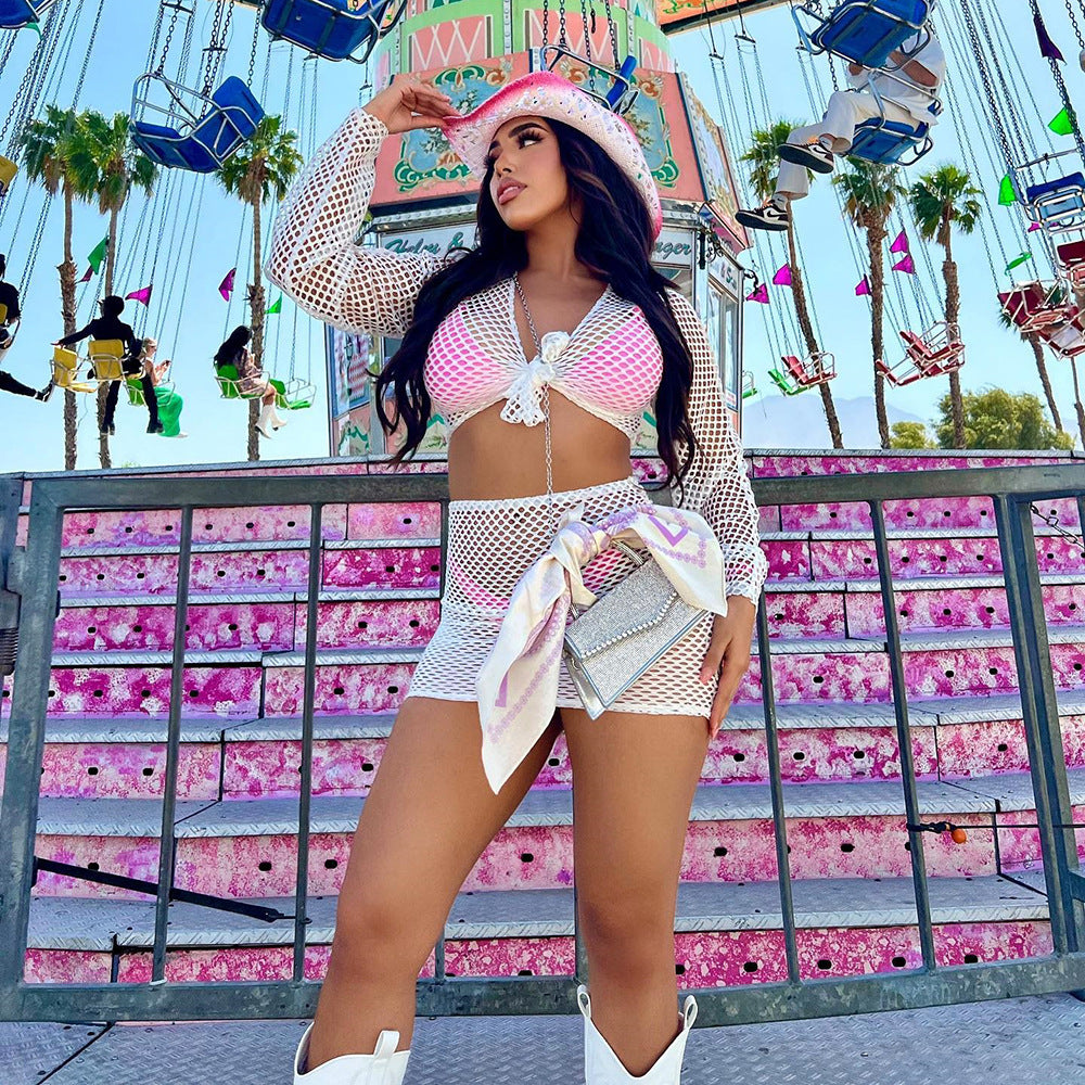 Autumn Sexy Slim Hollow Crop Mesh Two Piece Skirt Set 5